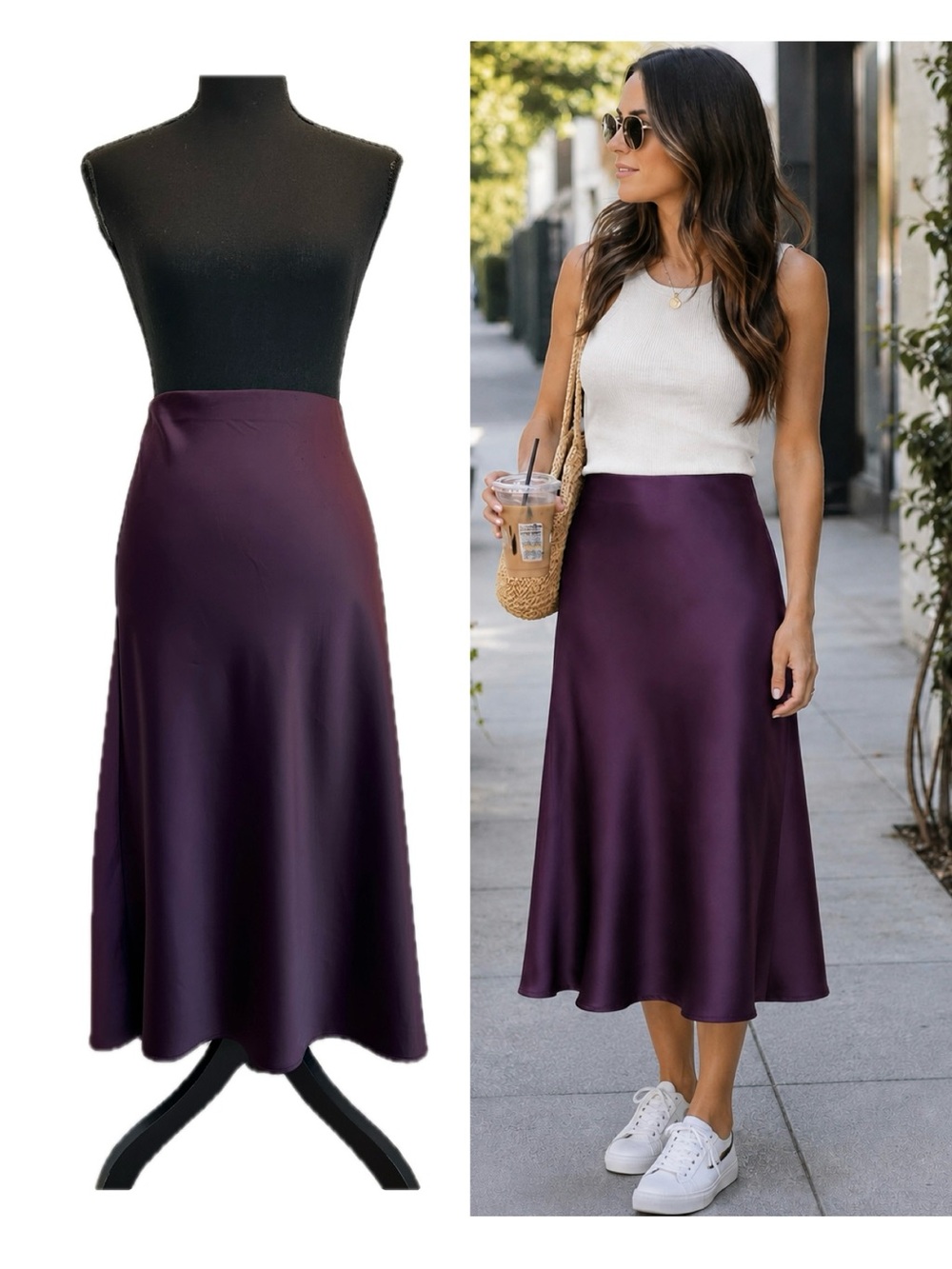 Rachel Zoe Plum Purple Satin Midi Slip Skirt A-Line High Waist Cocktail Party 8